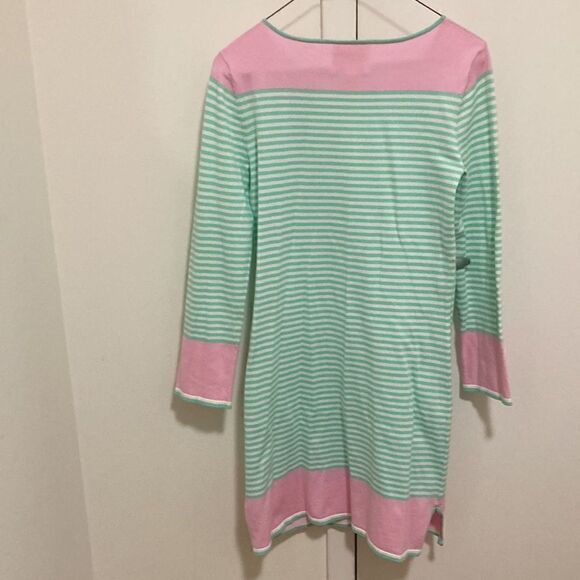 Sail To Sable Cotton Blend Knit Dress with Long Sleeves. Mint green/pink stripe. - Picture 2 of 8
